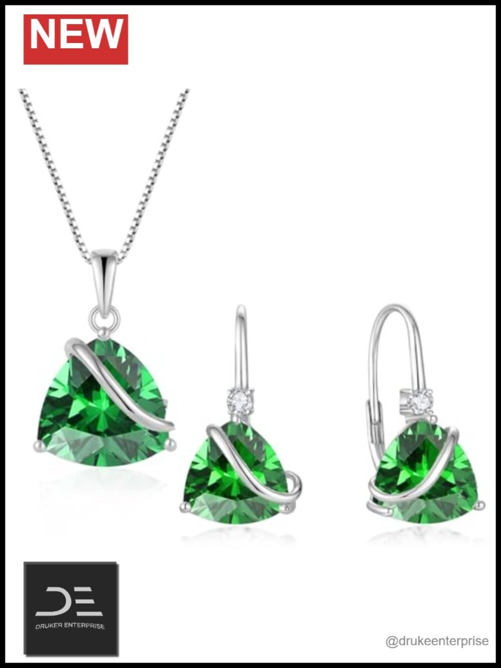 925 Sterling Silver Triangle Zircon Halo Emerald Necklace & Earrings Set for